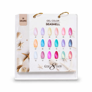Cre8tion Seashell gel calendar display, 18 iridescent swatch tips on a board with starfish and shells.