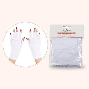 Cre8tion white fingerless manicure gloves worn on two hands, shown beside the sealed pack.