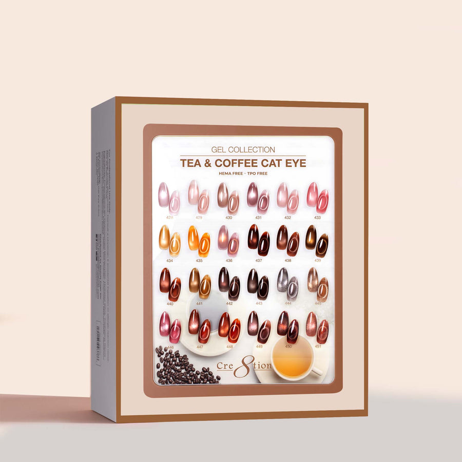 Cre8tion Cat Eye Tea and Coffee kit box open to show 24 gel shades on nail tips