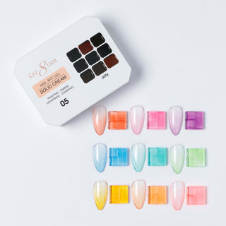 Cre8tion Solid Cream art gel palette 05 Jelly, nine colors with translucent orange, pink and blue swatches.