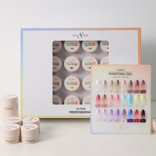 Cre8tion Ombre Painting Gel 24 piece kit box with jars and a chart of pastel swatch tips.