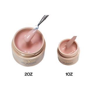 Cre8tion Biscotti Cream builder gel in 2oz and 1oz gold jars, a spatula lifting beige gel.