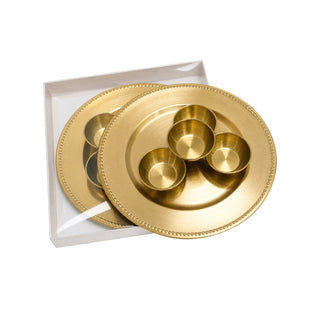 Round gold Cre8tion pedicure tray with four matching gold bowls, resting in its white box.