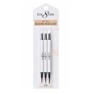 Three white dual ended Cre8tion silicone head and dotting tools in a hanging blister pack.