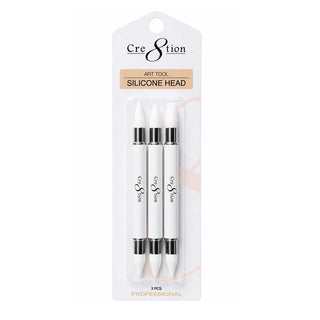 Three white dual ended Cre8tion silicone applicator tools in a hanging blister pack.