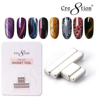 Row of cat eye swatch nails above a Cre8tion carded magnet tool and three silver magnet bars.