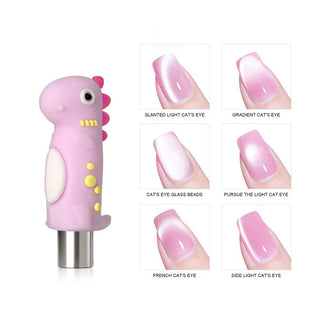 Pink Dino RAWR nail art tool with various nail designs on a white background