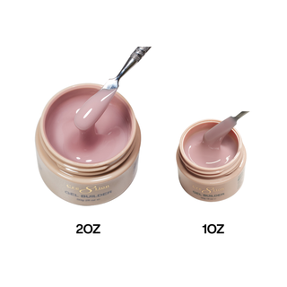 Cre8tion Rosewood Velvet builder gel in 2oz and 1oz gold jars, a spatula lifting mauve gel.