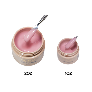 Two gold rimmed jars of Cre8tion pink builder gel, 2oz and 1oz, with a spatula lifting a ribbon of gel.