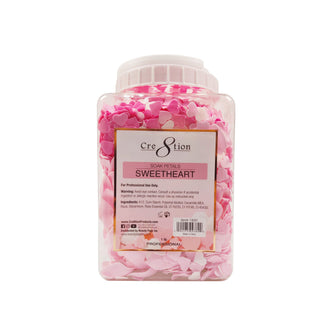 Square jar of Cre8tion Sweetheart soak petals packed with pink and white petals, front label view.