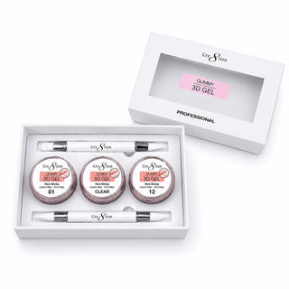 Open Cre8tion Gummy 3D gel set box with three gold rimmed jars and two dual ended tools.