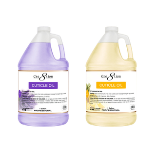 Two Cre8tion Cuticle Oil gallon jugs side by side, one lavender purple oil, one pale yellow pineapple oil.