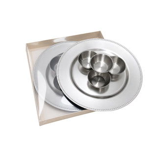 Round silver Cre8tion pedicure tray with a beaded rim and four small silver bowls in a white box.