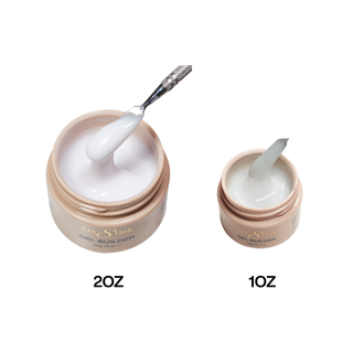 Cre8tion Soft White builder gel in 2oz and 1oz gold jars, a spatula lifting white gel from the larger jar.