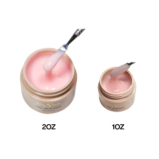 Cre8tion Porcelain builder gel in 2oz and 1oz gold jars, a spatula lifting pale pink gel.