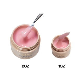 Cre8tion Toasted Petal builder gel in 2oz and 1oz gold jars, a spatula lifting warm pink gel.