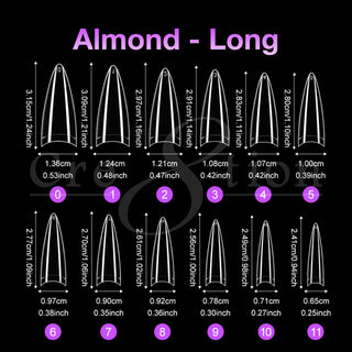 Cre8tion Almond Long tip size chart, twelve clear tips numbered zero to eleven with cm and inch sizes.