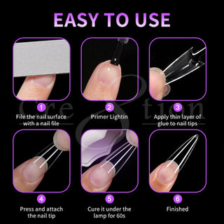 Six step guide for Cre8tion almond tips: file, primer, glue, fit the size, cure 60 seconds, finished nail.