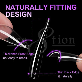 Close up of a clear Cre8tion almond tip held in hand, thickened front edge and thin back edge labeled.