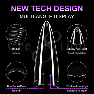 Cre8tion almond tip shown from four angles, detailing the curve, thin back edge and reinforced front.