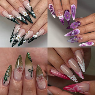 Four long almond nail sets: black french with white flowers, lilac mandala, olive gold swirl, pink dots.