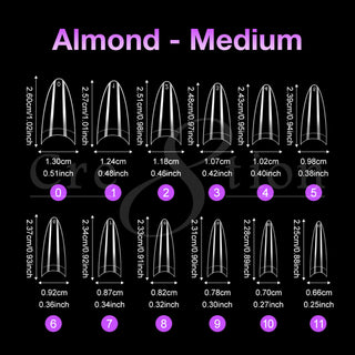 Cre8tion Almond Medium tip size chart, twelve clear tips numbered zero to eleven with cm and inch sizes.