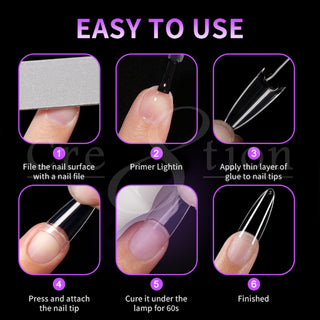 Six step guide for Cre8tion almond tips: file, primer, glue, fit the size, cure 60 seconds, finished nail.