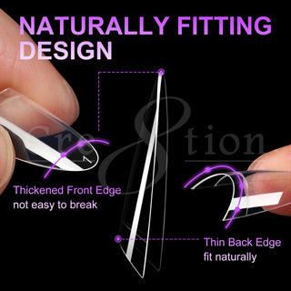 Close up of a clear Cre8tion almond tip held in hand, thickened front edge and thin back edge labeled.