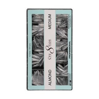 Mint green Cre8tion Almond Medium tip box open on white showing rows of clear tips in twelve sizes.