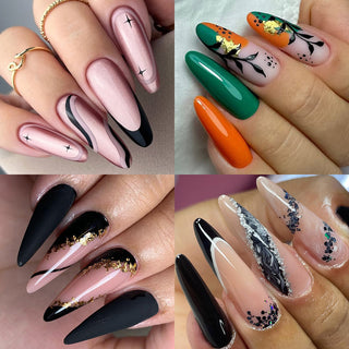 Four medium almond nail sets: pink with black swirl, green and orange gold leaf, matte black, silver marble.