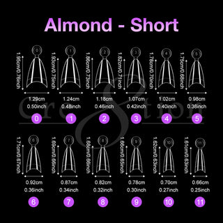 Cre8tion Almond Short tip size chart, twelve clear tips numbered zero to eleven with cm and inch sizes.