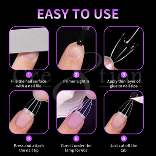 Six step guide for Cre8tion almond tips: file, primer, glue, fit the size, cure 60 seconds, finished nail.