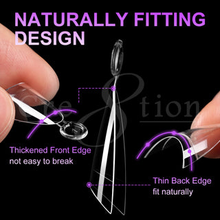 Close up of a clear Cre8tion almond tip held in hand, thickened front edge and thin back edge labeled.