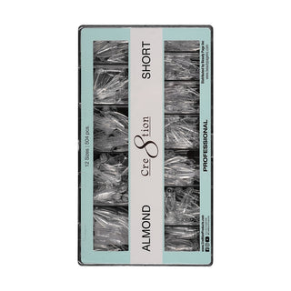 Mint green Cre8tion Almond Short tip box open on white showing rows of clear tips in twelve sizes.