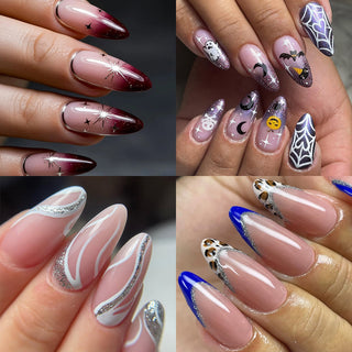 Four short almond nail sets: red gradient with stars, silver moon art, glitter swirl, leopard with blue tips.