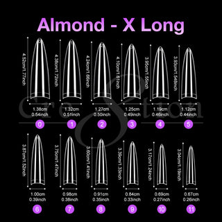 Cre8tion Almond Extra Long tip size chart, twelve clear tips numbered zero to eleven with cm and inch sizes.