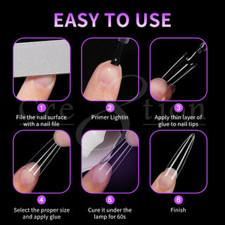 Six step guide for Cre8tion almond tips: file, primer, glue, fit the size, cure 60 seconds, finished nail.