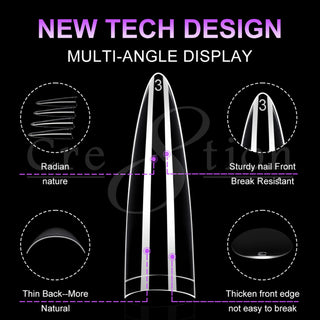 Cre8tion almond tip shown from four angles, detailing the curve, thin back edge and reinforced front.