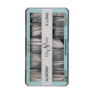 Mint green Cre8tion Almond Extra Long tip box open on white showing rows of clear tips in twelve sizes.