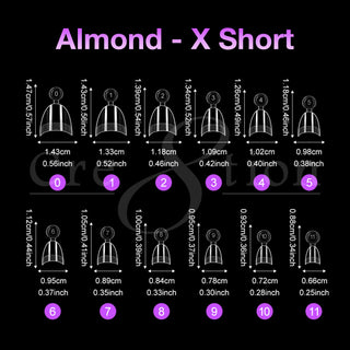 Cre8tion Almond Extra Short tip size chart, twelve clear tips numbered zero to eleven with cm and inch sizes.