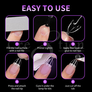 Six step guide for Cre8tion almond tips: file, primer, glue, fit the size, cure 60 seconds, finished nail.