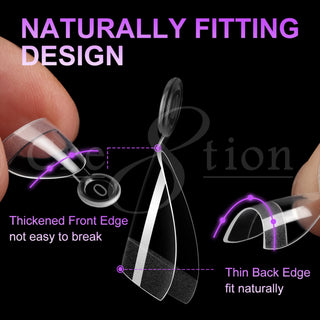 Close up of a clear Cre8tion almond tip held in hand, thickened front edge and thin back edge labeled.
