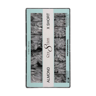 Mint green Cre8tion Almond Extra Short tip box open on white showing rows of clear tips in twelve sizes.