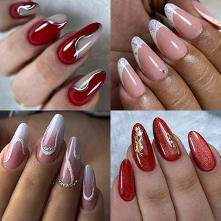 Four extra short almond sets: glossy red with white swirl, glitter nude, pink french, red with gold leaf.