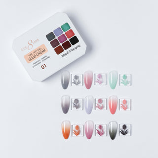 Cre8tion Solid Cream art gel palette 01 Mood Changing with nine colors and rows of two tone swatch nails.