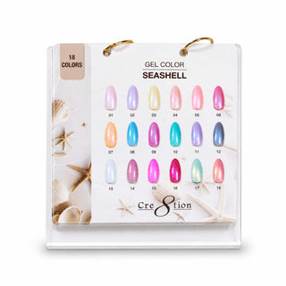 Cre8tion Seashell gel calendar display, 18 iridescent swatch tips on a board with starfish and shells.