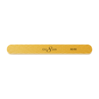 Single Cre8tion regular gold nail file, straight board with rounded ends, marked 80/80 grit.
