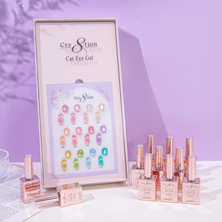 Framed Cre8tion Candy Shop cat eye chart with bright swatch nails and rose gold bottles, on a lilac set.