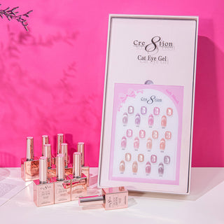 Framed Cre8tion Soft Blush cat eye chart with rose gold bottles in front, on a hot pink set.