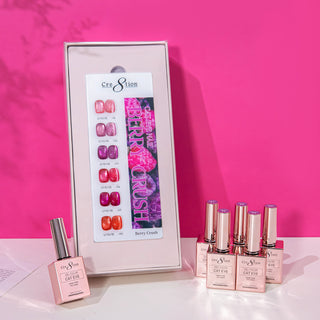 Cre8tion Berry Crush cat eye box showing six berry swatch nails, rose gold bottles on a pink set.